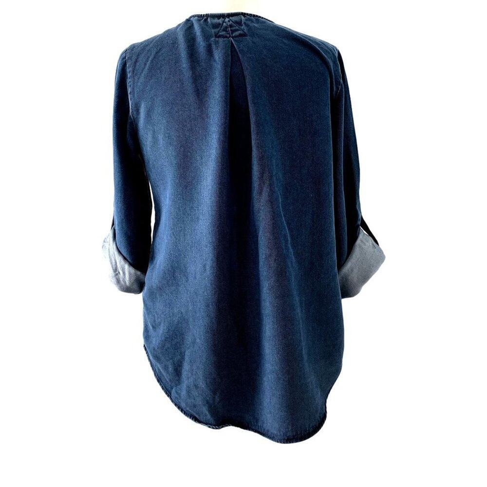 SOFT SURROUNDINGS Fairmont Denim Blue V-Neck Roll‎ Tab Sleeves Top Sz XS